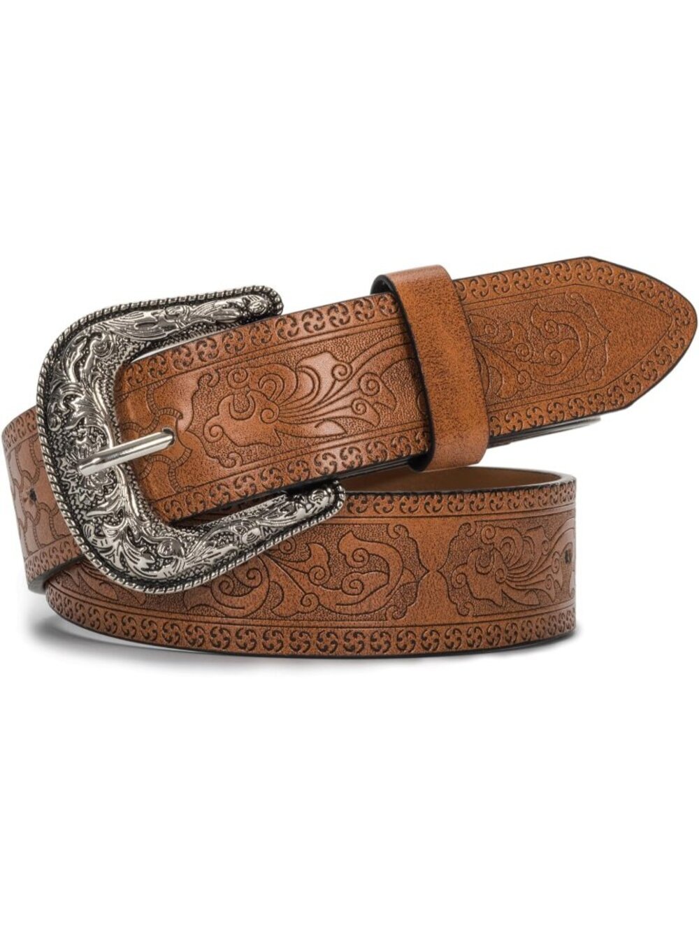 Unisex Brown PU Leather Belt Vintage Western Cowboy Waist Belt Carved Buckle